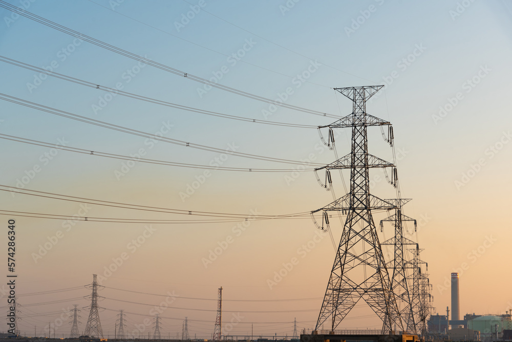 High-voltage pylons from power plants