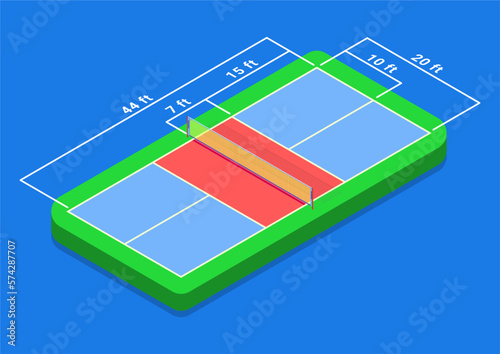 Pickleball court dimensions isometric diagram. Vector illustration without gradients.