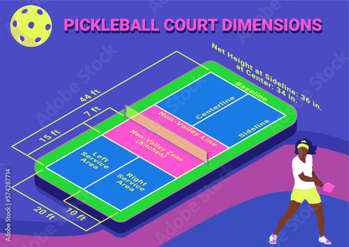 Pickleball court dimensions isometric diagram. Vector illustration without gradients.