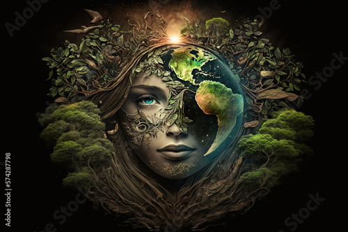 Poster for Mother Earth Day with the image of a beautiful woman in the image of Mother nature. Generative AI. The Salvation of the Earth and Earth Day, the concept of a green day. Horizontal wide 