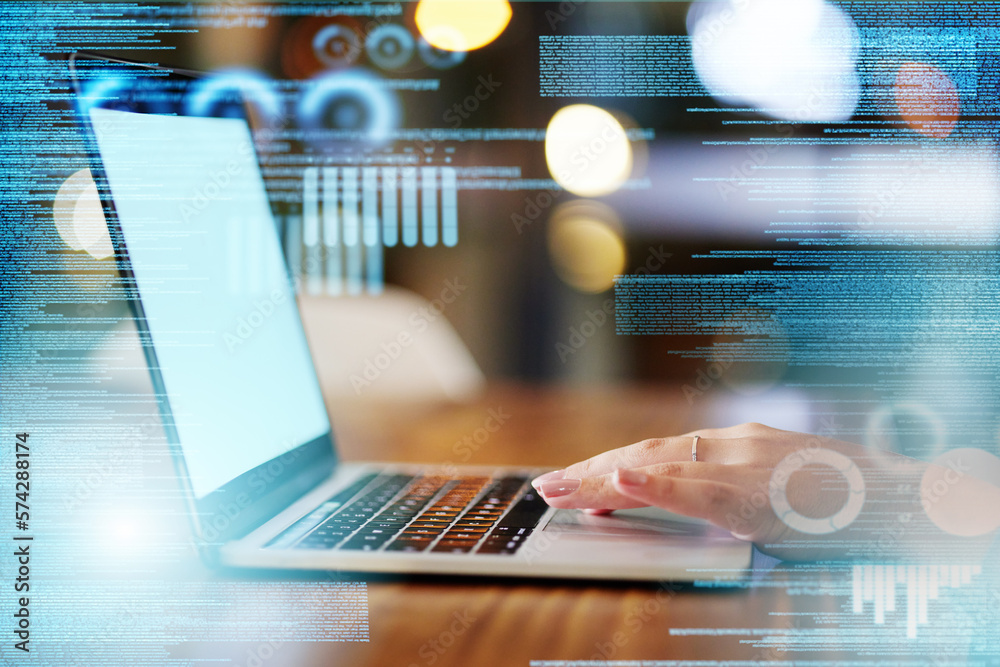 Data overlay, coder hands and laptop of a it worker with crypto coding and programmer work. Information technology graphic, digital cybersecurity and 3d programming in a office on tech Data overlay, coder hands and laptop of a it worker with crypto coding and programmer work. Information technology graphic, digital cybersecurity and 3d programming in a office on tech