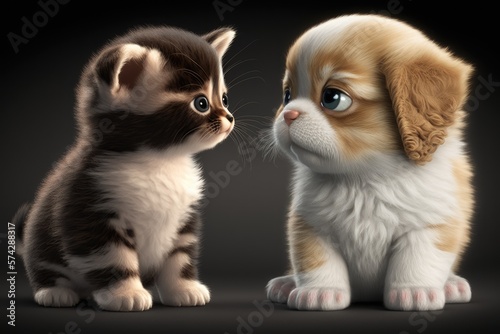Cute cat and dog together on dark background. generative AI