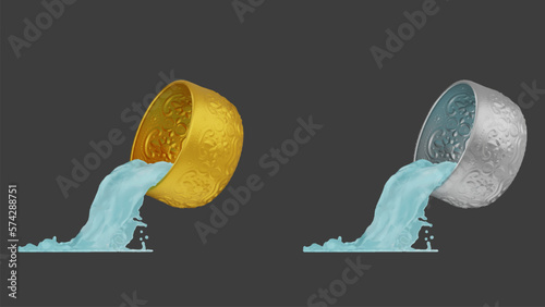 element of gold and silver bowl with water thai culture from image traced 3d. songkran festival thailand travel.