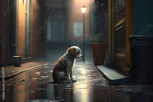 A lonely and sad dog sitting in the rain. AI generated