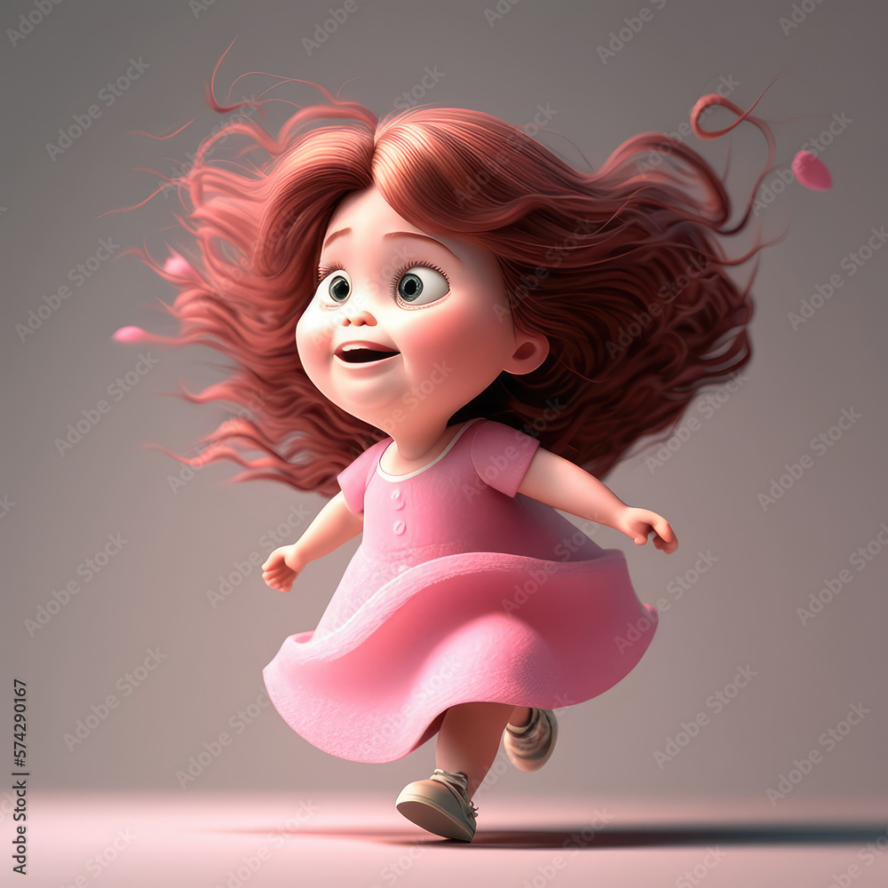 Cute young fat girl running 3d character. Cartoon little girl with big ...