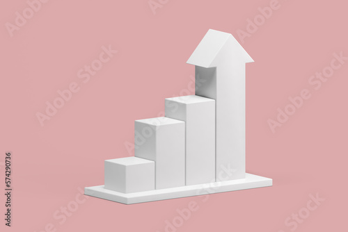 Monochrome 3d geometric shapes, White Arrow up bar graph increase on pastel pink background. Data analysis. Abstract composition in minimal design base presentation. Simple mock up. 3d illustration.