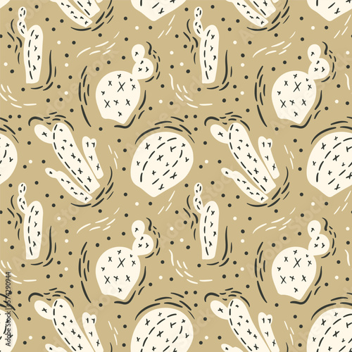 Light cacti on a beige background with brush stripes. Hand drawn seamless vector pattern for fabric design, textile, wrapping paper. Tropical illustration with plants in the desert. Doodle boho style