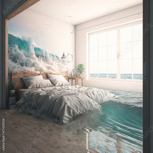 Room Flooded by Distant Ocean Wave Generated by AI