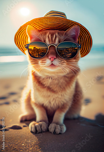 Katze mit Sonnenbrille und Strandhut am Strand. Generative Ai.