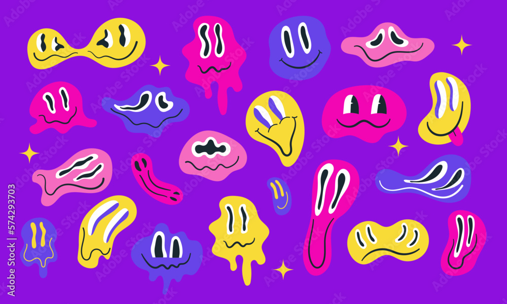 Trippy psychedelic set of melting and dripping smiles aesthetic y2k style. Funny unreal emoticons faces collection. Groovy characters design. Cartoon vector bundle neon color background