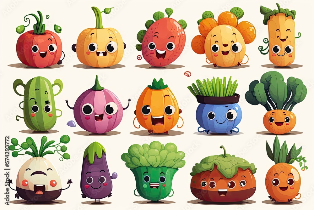Funny icons of different vegetables on a white background. Baby cute stickers. Generative ai Funny icons of different vegetables on a white background. Baby cute stickers. Generative ai
