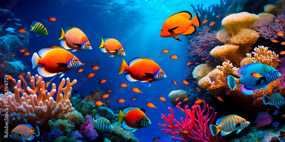 Tropical sea underwater fishes on coral reef. Aquarium oceanarium wildlife colorful marine panorama landscape nature snorkel diving