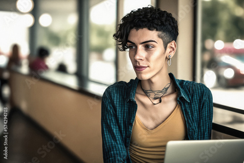 Casual portrait of a Non binary hispanic transgender mid Tomboy using laptop computer in a modern cafeteria restaurant. Androgynous authentic identity. Generative AI.