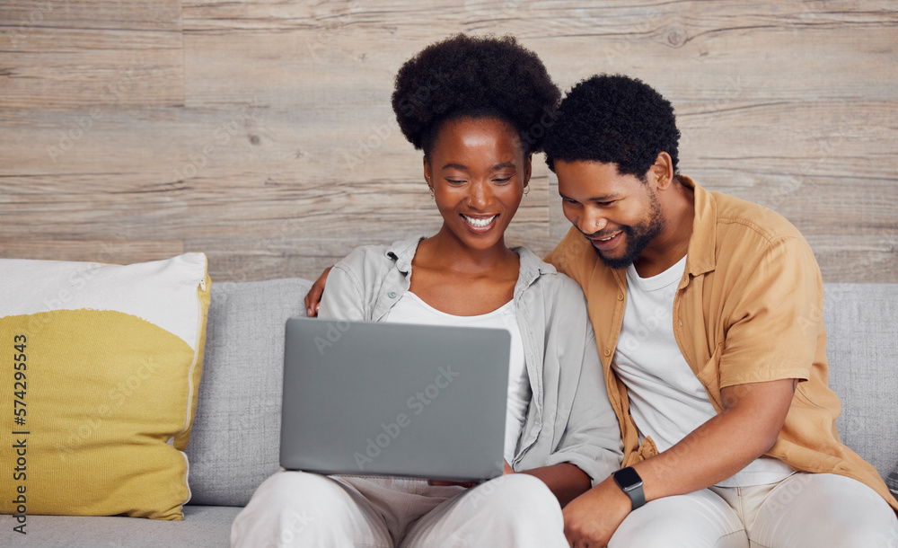Movie, internet and black couple with a laptop for social media, web and meme on the sofa. Looking, happy and African man and woman watching a show, reading email or comedy entertainment on a pc