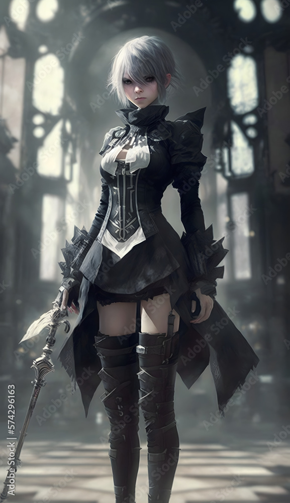 Fototapeta premium Female gothic samurai warrior with white hair