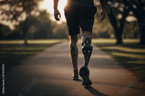 Outdoor Accessibility. Athletic man with prosthetic leg runs while exercising outside - Concepts of Fitness and Disability Generative AI