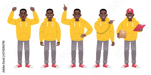 Black man in a yellow jacket and gray pants is standing in different poses. A full-length man is a set of characters. The black guy rejoices, is surprised, points to something, with a box