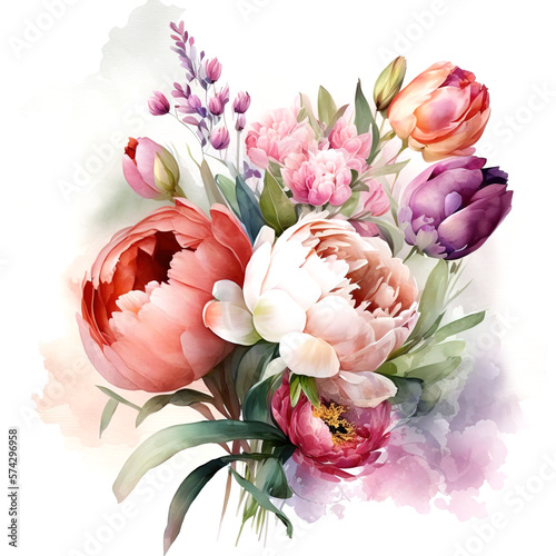 Watercolor floral bouquet spring flowers. Botanical illustration. Generative AI 