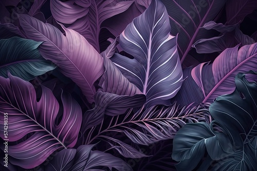 Purple plant leaves background  floral tropical pattern for wallpaper  AI generated 