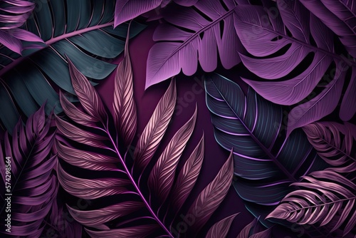 Purple plant leaves background, floral tropical pattern for wallpaper (AI generated)
