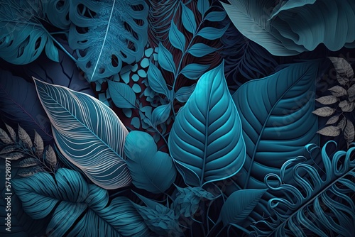 Blue plant leaves background  floral tropical pattern for wallpaper  AI generated 
