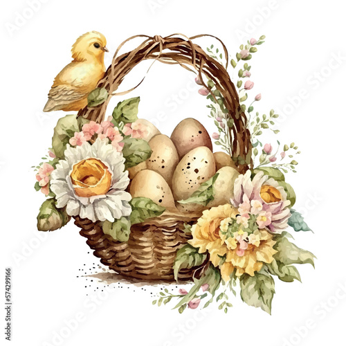 Happy easter Vector cute classic illustrations of easter eggs in a basket of flowers, chick, greeting card, poster