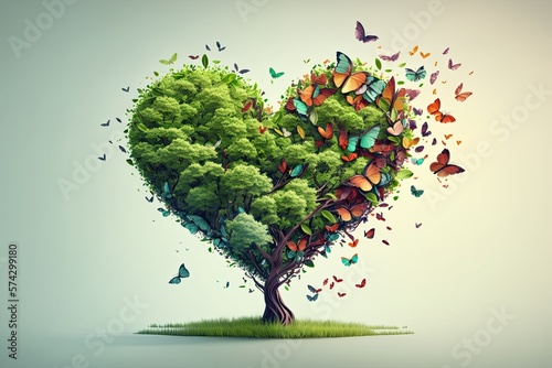 Flowers trees and plants in heart shape, green energy, concept (AI generated)