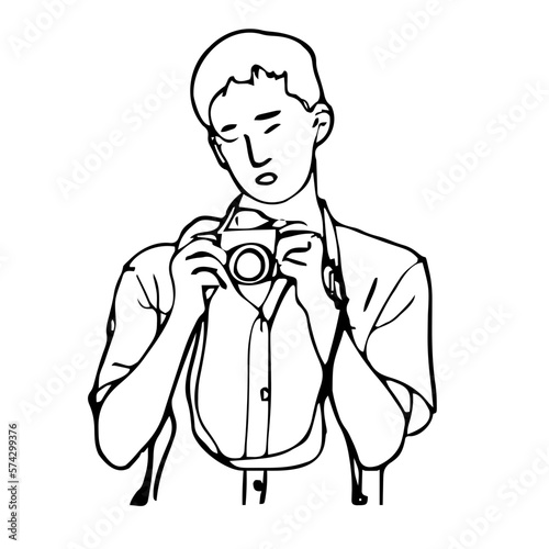 A photographer with his camera taking pictures in line drawing style. Vector illustration. Abstract. Minimalism.