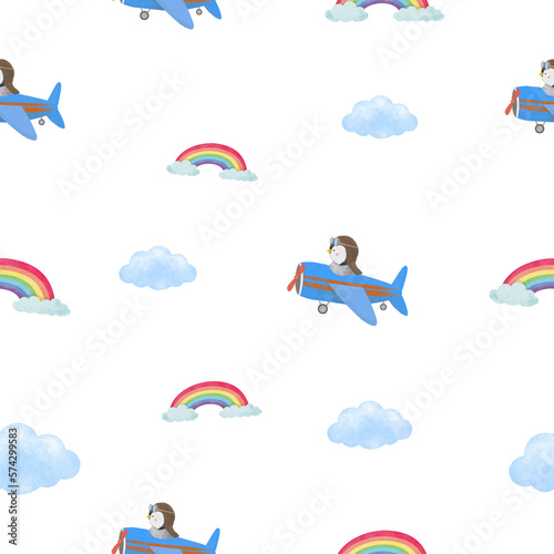 Watercolor cute penguin pilot flies on airplane, in the sky, cloud, and rainbow. Seamless pattern illustration.
