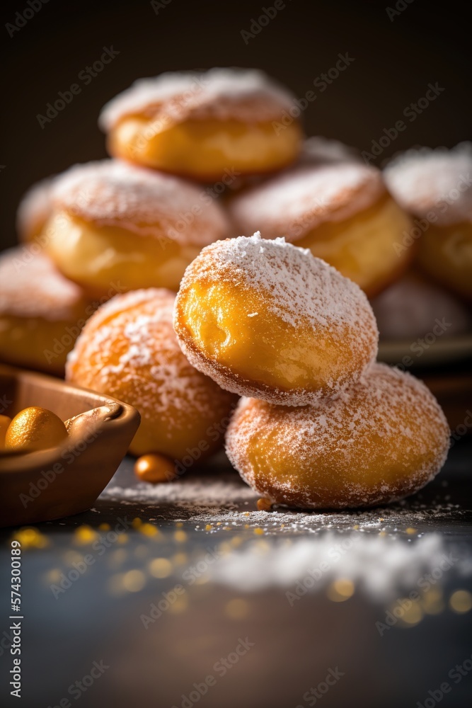 Stack of Loukoumades donuts on the table.Loukoumades is a popular Greek donut. Generative AI.
