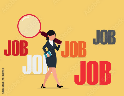 job search. business woman with magnifying glass searching for job