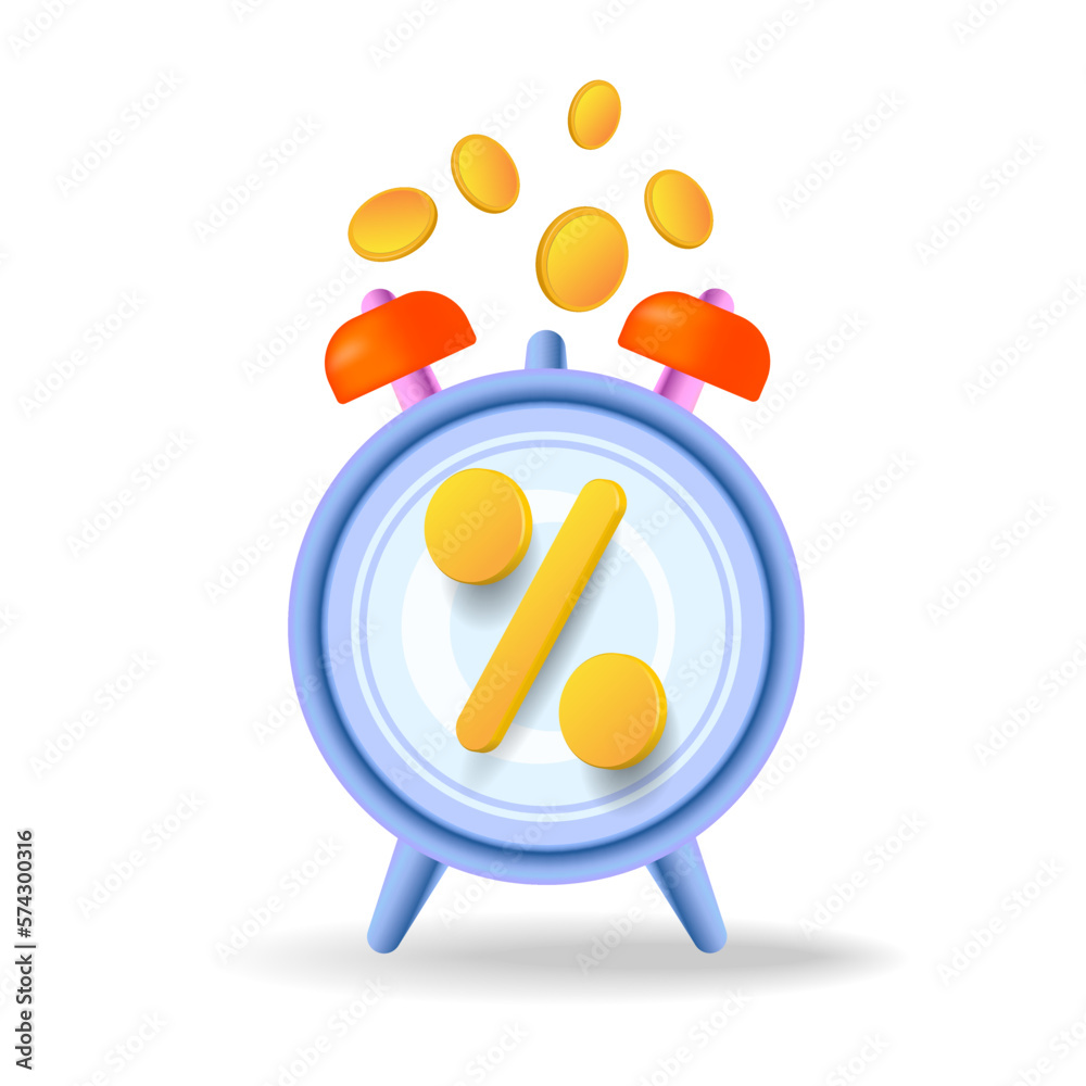 3D alarm clock with a percent sign. Income from bank deposits,
rate increase. Financial investment and making a profit. Vector.
3D alarm clock with a percent sign. Income from bank deposits,
rate increase. Financial investment and making a profit. Vector.