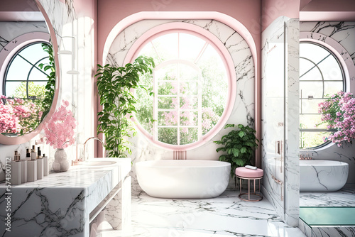  A spring-themed pink colorschemed luxury noble bathroom with big bright tiles, massive windows, and fresh spring flowers and plants, minimalistic architecture with a sink, mirror and standalone batht