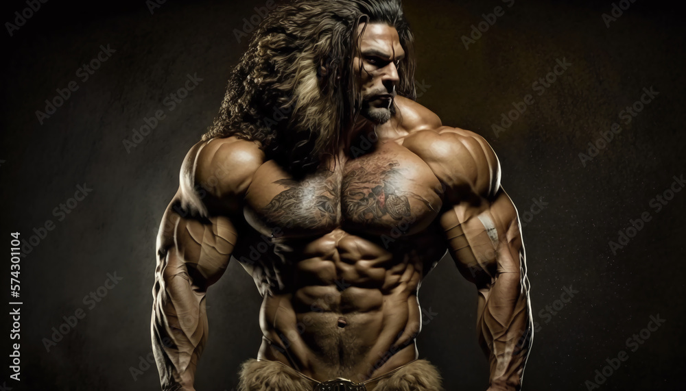 Masculine and very muscular man. Testosterone concept. Gym wallpaper. Generative AI.
