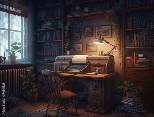 A Dimly Lit Vintage Wooden Writers Den