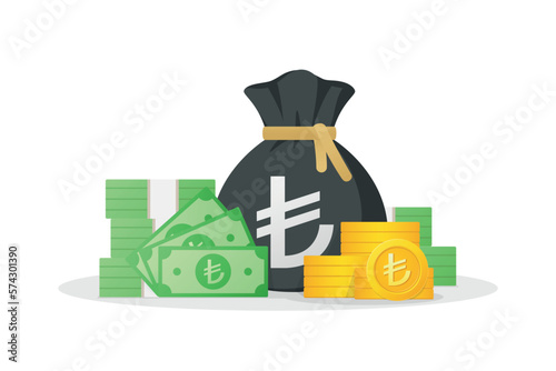 Turkish lira money icon. Money bag, banknotes and gold coins with lira sign. Lira currency of Turkey and Northern Cyprus. Flat style vector illustration white background.