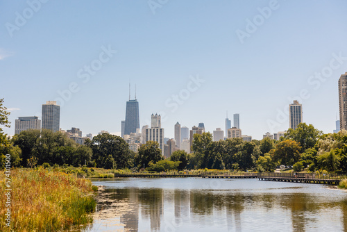 Chicago downtown skyline landscape cityscape taken across lake at Lincoln Park on blue sky summer day