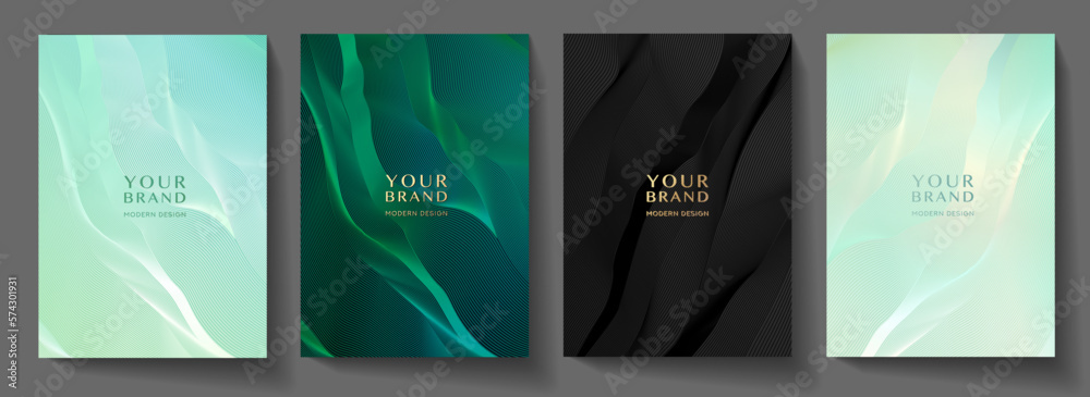 Contemporary technology cover design set. Luxury background with green, black line pattern (guilloche curves). Premium golden vector tech backdrop for business template, digital certificate, formal br - obrazy, fototapety, plakaty 