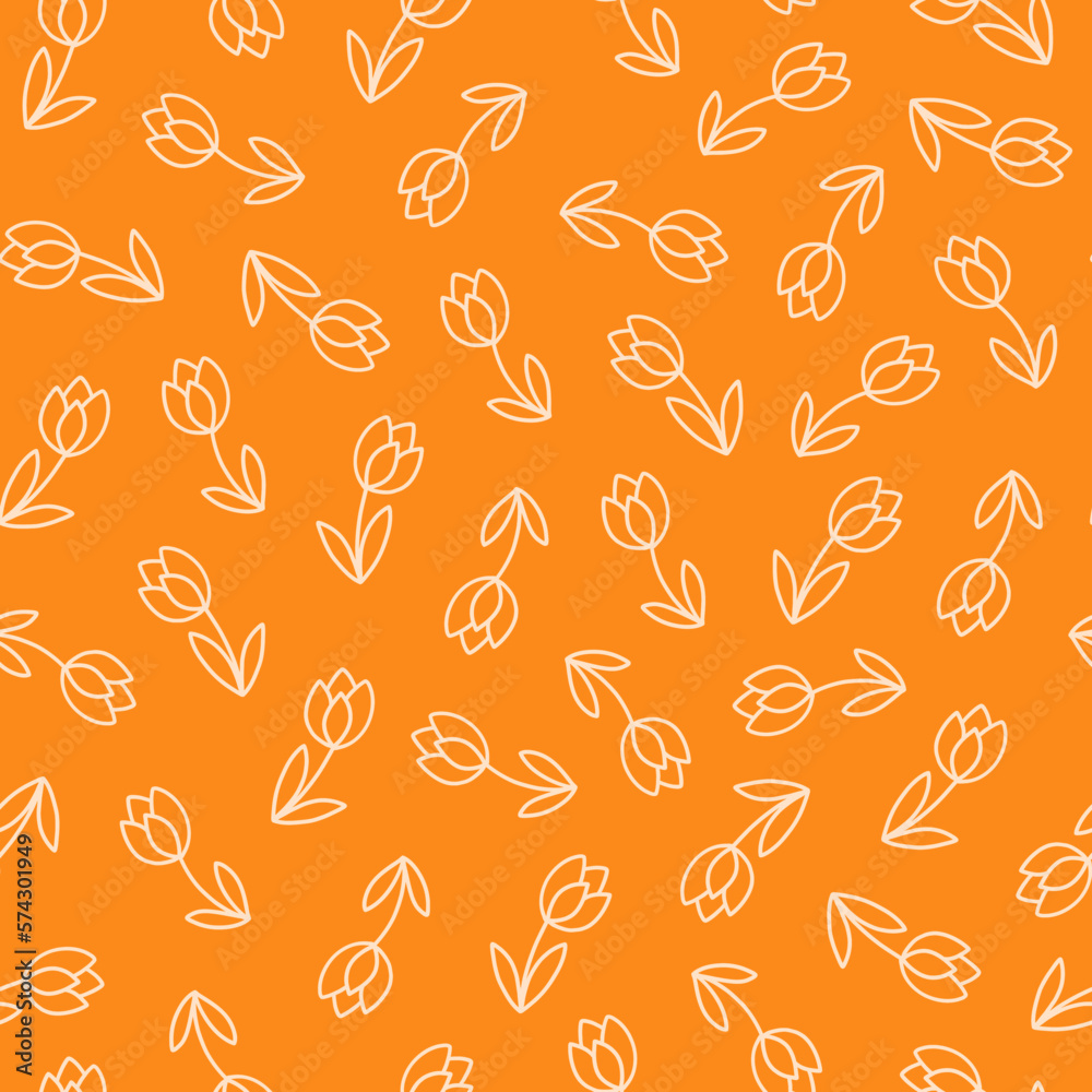 Summer seamless pattern with hand drawn flowers silhouettes. Simple floral wallpaper design. Nature background. Orange colour and tulips for Koningsdag (King's Day) celebration in the Netherlands.