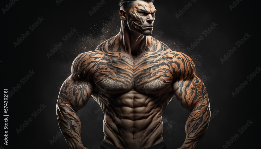 Masculine and very muscular man. Testosterone concept. Gym wallpaper. Generative AI.