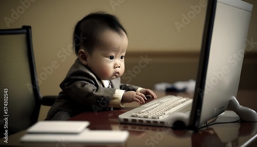 bébé en costume en train de travailler sur son ordinateur installé à son bureau - illustration ia photo