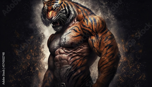 Masculine and very muscular tiger-man. Testosterone concept. Gym wallpaper. Generative AI.