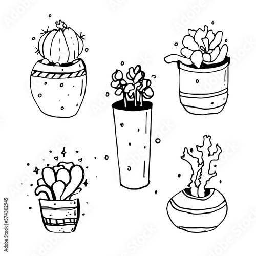 Vector set with various hand drawn outline cactuses in flowerpots. Cute hand drawn cactus print with inspirational inscription isolated on white background. 