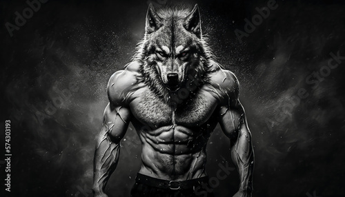 Masculine and very muscular wolf-man. Testosterone concept. Gym wallpaper. Generative AI.
