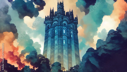 Medieval gothic castle. Old high stone castle in the clouds. AI-generated