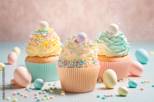 Sweet and tasty Easter cupcakes decorated with colorful sprinkles end candy eggs. Happy Easter and spring holiday concept. Generative AI