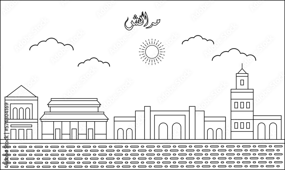 One line art drawing of a Marrakech skyline vector illustration. Traveling and landmark vector illustration design concept. Modern city design vector. Arabic translate : Marrakech