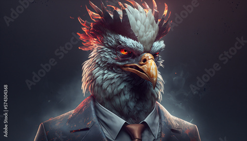 Leinwand Poster Portrait of a angry rooster in business suit on isolated background