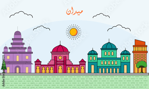 One line art drawing of a Medan skyline vector illustration. Traveling and landmark vector illustration design concept. Modern city design vector. Arabic translate : Medan