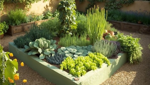 Fresh herbs grow in this wonderful high bed/ herb garden